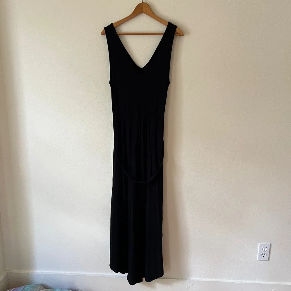 Summer Maxi Tank Dress Women's Sz Large Black V-Neck Tie Belt Boho Casual Comfy